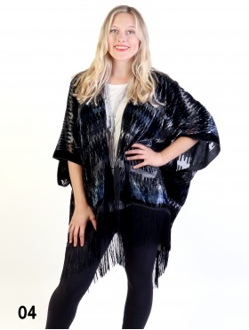 Sheer Velvet Ink Print Cape W/ Fringes